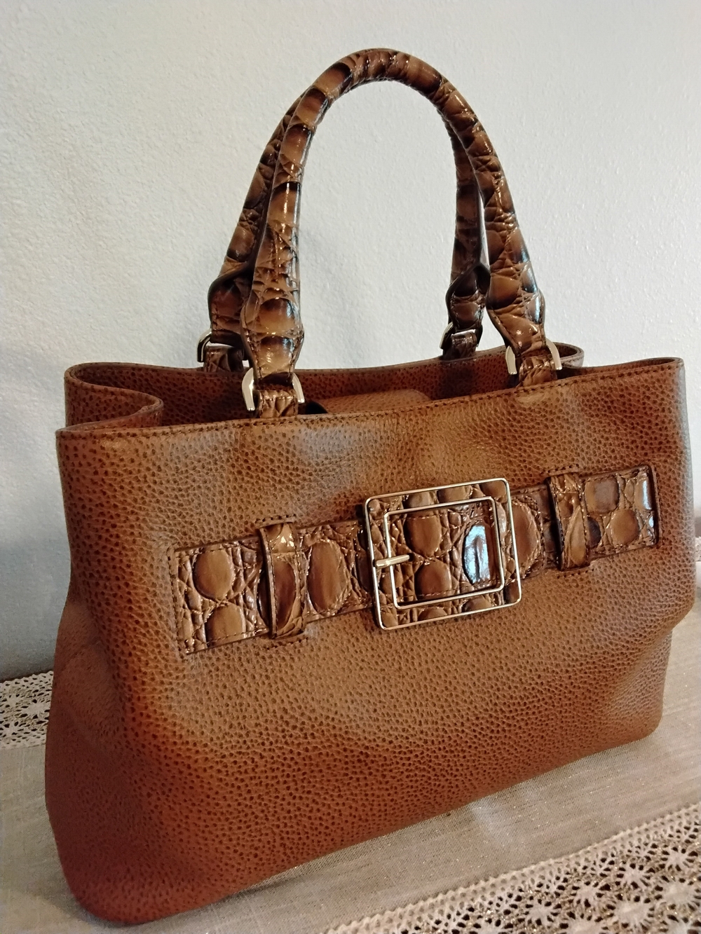 Brahmin Warm Cinnamon Croc-Trim Leather Satchel